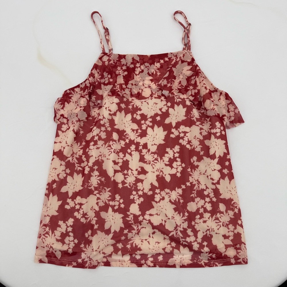 NWT Evereve Hudson Cami Tank Size M Red and Ivory Floral Lined Ruffle - Picture 3 of 7